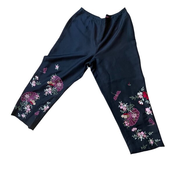 Vintage Depeche Mode Black Embroidered Satin Pants – Floral Fan & Dragonfly Stat - Picture 8 of 10